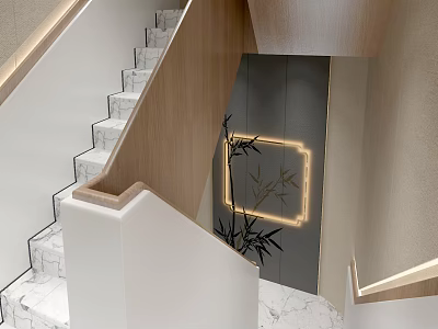 Modern Staircase With Marble Steps Wooden Handrail And Illuminated Bamboo Decorative Wall 3d model