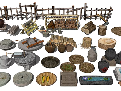 New Chinese Style Stone Mill Rural Landscape Sick Stone Mill Firewood Pile 3d model