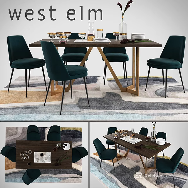 Stylish Wooden Dining Table And Green Upholstered Chairs Set With Metal Legs And Geometric Rug 3d model 