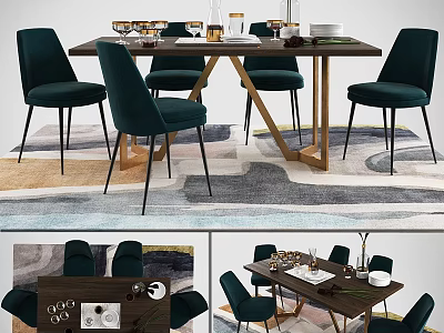 Stylish Wooden Dining Table And Green Upholstered Chairs Set With Metal Legs And Geometric Rug 3d model