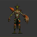 Game Movie Character With Green Skin Horned Head And Orange Warrior Armor Design