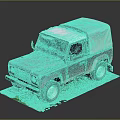 Vintage Teal Off Road Vehicle With Canvas Roof Parked On Grass Platform