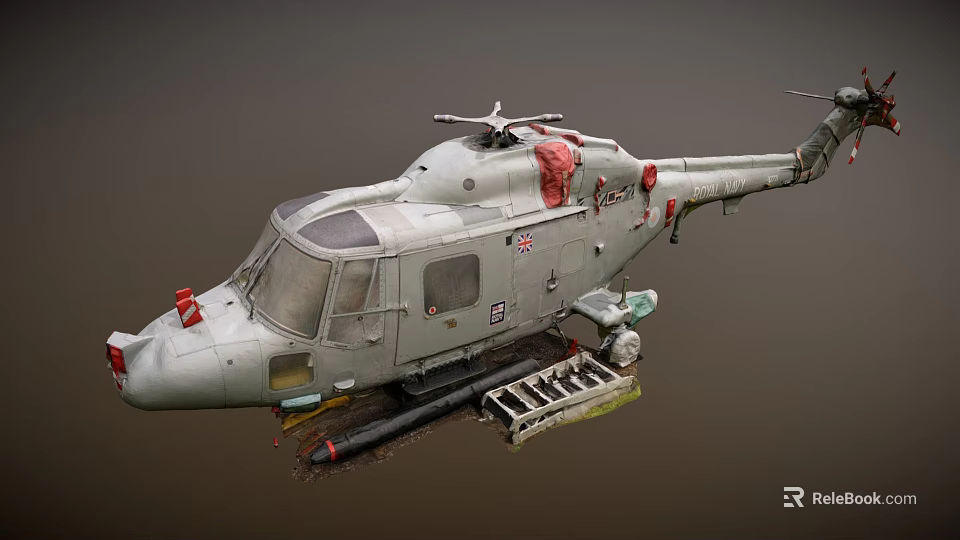 Gray Military Helicopter Model with British Flag Armament Rotor and Cockpit Details 3d model 