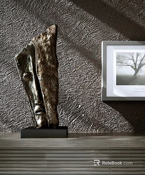 Abstract Metallic Sculpture Decorative Piece With Black Base And Framed Tree Painting On Textured Wall 3d model 
