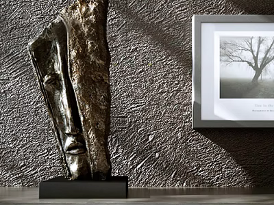 Abstract Metallic Sculpture Decorative Piece With Black Base And Framed Tree Painting On Textured Wall 3d model