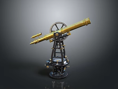 Vintage Golden Telescope with Black Metal Stand on Gray Background 3d model