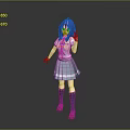 3D Character With Blue Hair In School Uniform Standing On Gray Background