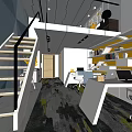 Modern Public Office Space With Yellow Wall Bookshelves White Desks Gray Chairs And Large Windows