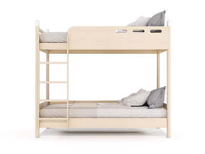 Light Wood Bunk Bed With Ladder Upper Lower Mattresses And Gray Pillows 3d model