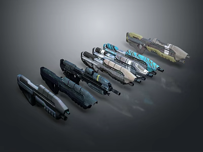 Sci Fi Style Weapons with Different Designs and Various Colors Displayed on Gray Background 3d model