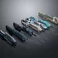 Sci Fi Style Weapons with Different Designs and Various Colors Displayed on Gray Background