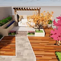 Lush Rooftop Garden With Green Plants Vibrant Flowers And Outdoor Seating
