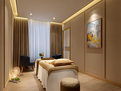 Cozy SPA Sauna Interior Design With Massage Bed Decorative Painting Soft Lighting And Wooden Flooring 3d model