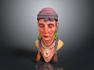 Traditional Woman Head Sculpture With Turban Large Green Earrings And Feather Necklace 3d model