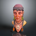 Traditional Woman Head Sculpture With Turban Large Green Earrings And Feather Necklace