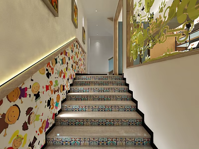 Colorful Cartoon Pattern Stairs with Decorative Tiles in Children's Interior Design 3d model