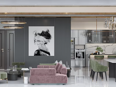 Modern Elegant Dining Living Room With Pink Sofa Green Chairs And Decorative Painting 3d model