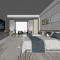 Modern Hotel Room With Two Beds Large TV Floor To Ceiling Window And Scenic View