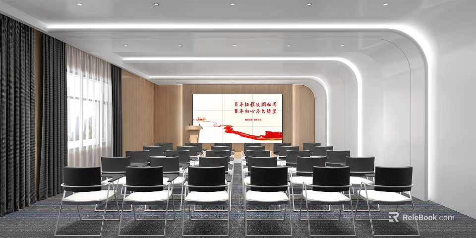 Modern Conference Room Interior Design With Large Screen Wooden Walls And Arranged Chairs 3d model 