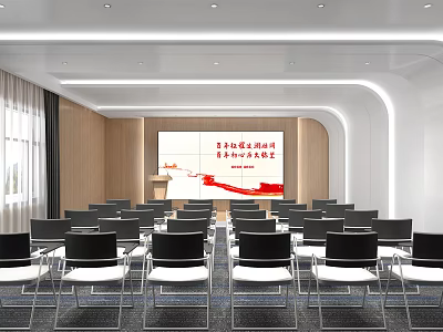 Modern Conference Room Interior Design With Large Screen Wooden Walls And Arranged Chairs 3d model