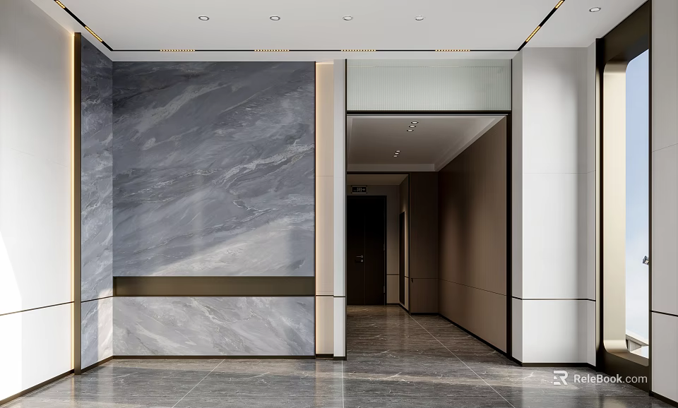 Modern Minimalist Elevator Corridor With Marble Wall And Stone Floor 3d model 
