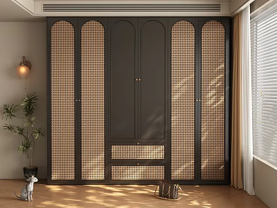 Modern Black Wardrobe With Rattan Panels And Multi Door Design For Interior 3d model