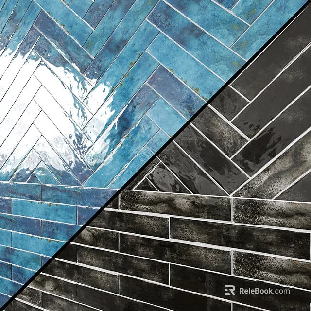 Decorative Blue Black Wall Tiles With Herringbone And Striped Patterns 3d model