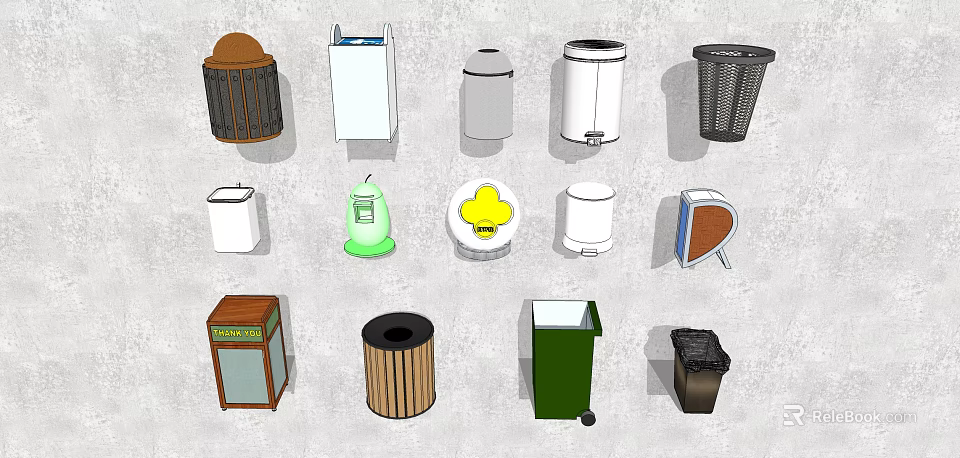 Various Types of Public Trash Bin Facilities with Different Designs and Colors 3d model 