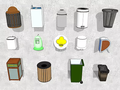 Various Types of Public Trash Bin Facilities with Different Designs and Colors 3d model