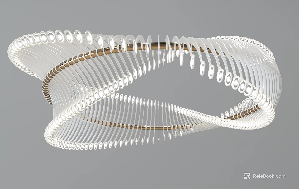 Modern Spiral Design Chandelier with White Curved Structure and Brown Metal Frame and Decorative Elements 3d model 