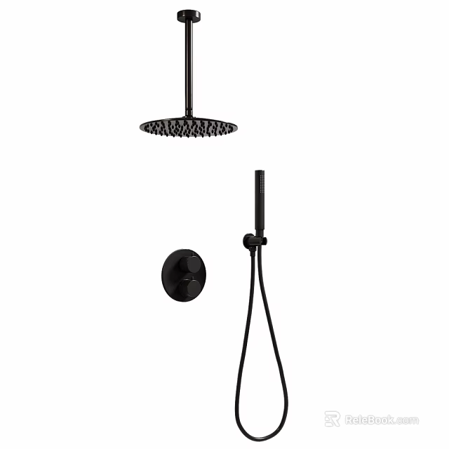 Modern Black Shower Faucet System With Rainfall Head Handheld Sprayer And Control Knob 3d model 