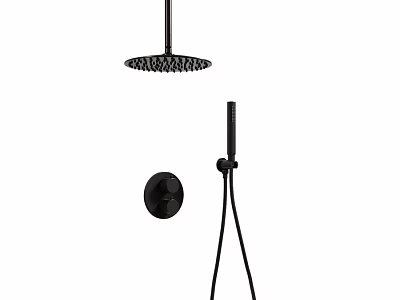Modern Black Shower Faucet System With Rainfall Head Handheld Sprayer And Control Knob 3d model