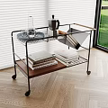 Rolling Side Table Metal Frame Wooden Shelf Tray Mug Books by Window on Wooden Floor