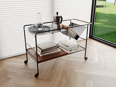 Rolling Side Table Metal Frame Wooden Shelf Tray Mug Books by Window on Wooden Floor 3d model