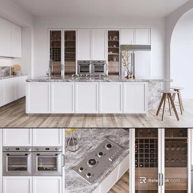 Modern Kitchen Interior With White Cabinets Island Marble Countertop Wine Racks And Appliances 3d model 
