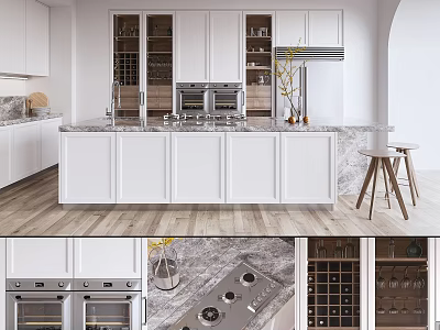 Modern Kitchen Interior With White Cabinets Island Marble Countertop Wine Racks And Appliances 3d model