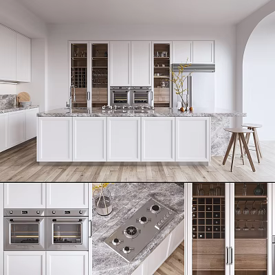 Modern Kitchen Interior With White Cabinets Island Marble Countertop Wine Racks And Appliances 3d model