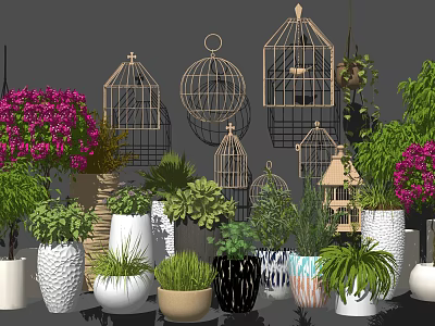Potted Bonsai Plants with Birdcage Decorations and Varied Designed Planters Green Foliage Purple Flowers 3d model