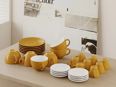 Yellow Ceramic Cups and Plates Arranged on Wooden Table with Decorative Posters 3d model