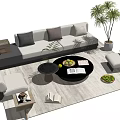Modern Sofa Coffee Table Set With Pillows Plant Side Table And Fruits 3d model