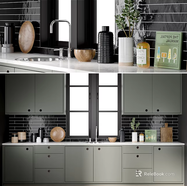 Modern Kitchen With Gray Cabinets White Countertop And Black Tile Backsplash 3d model