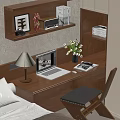 Wooden Desk With Laptop Open Book Table Lamp Tulip Vase Iron Man Figurine And Radio