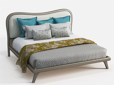Double Bed With Curved Upholstered Headboard Light Wooden Frame Blue Gray Pillows And Patterned Blanket 3d model