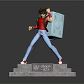 Game Movie Character In Red Top Blue Pants With Blue Shield On Dragon Sword Pedestal
