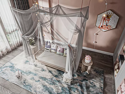 Cute Kids Bed with Hanging White Canopy Stuffed Toys Pink Wall and Soft Rug 3d model