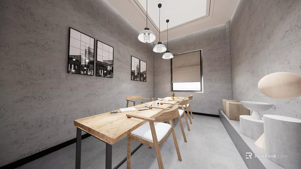 Public Office Space Featuring Wooden Long Table Chairs Black White Paintings Gray Walls Pendant Lights 3d model 