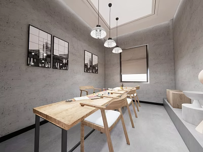 Public Office Space Featuring Wooden Long Table Chairs Black White Paintings Gray Walls Pendant Lights 3d model
