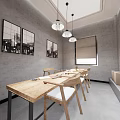 Public Office Space Featuring Wooden Long Table Chairs Black White Paintings Gray Walls Pendant Lights