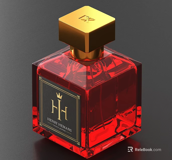 Luxury Red Transparent Perfume Bottle With Gold Cap Square Design And Crown Logo 3d model 