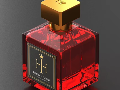 Luxury Red Transparent Perfume Bottle With Gold Cap Square Design And Crown Logo 3d model